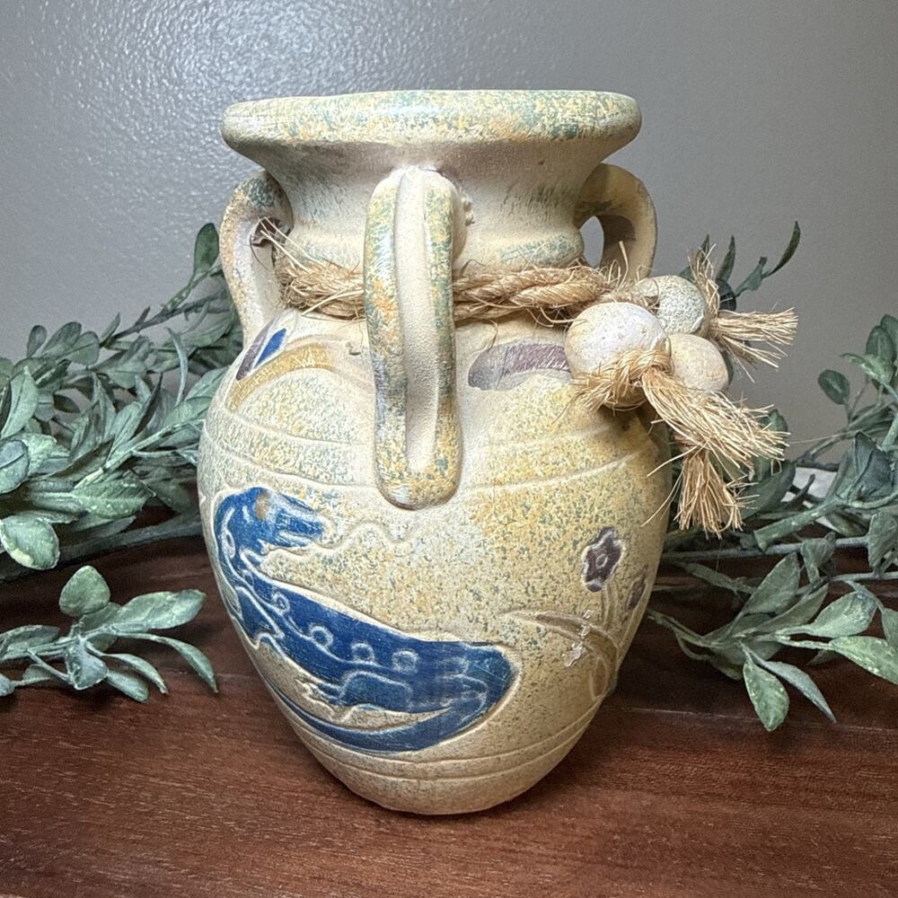 Vintage Art Pottery Gecko Vase Rustic Mediterranean Triple Handle Heavy 5.7”